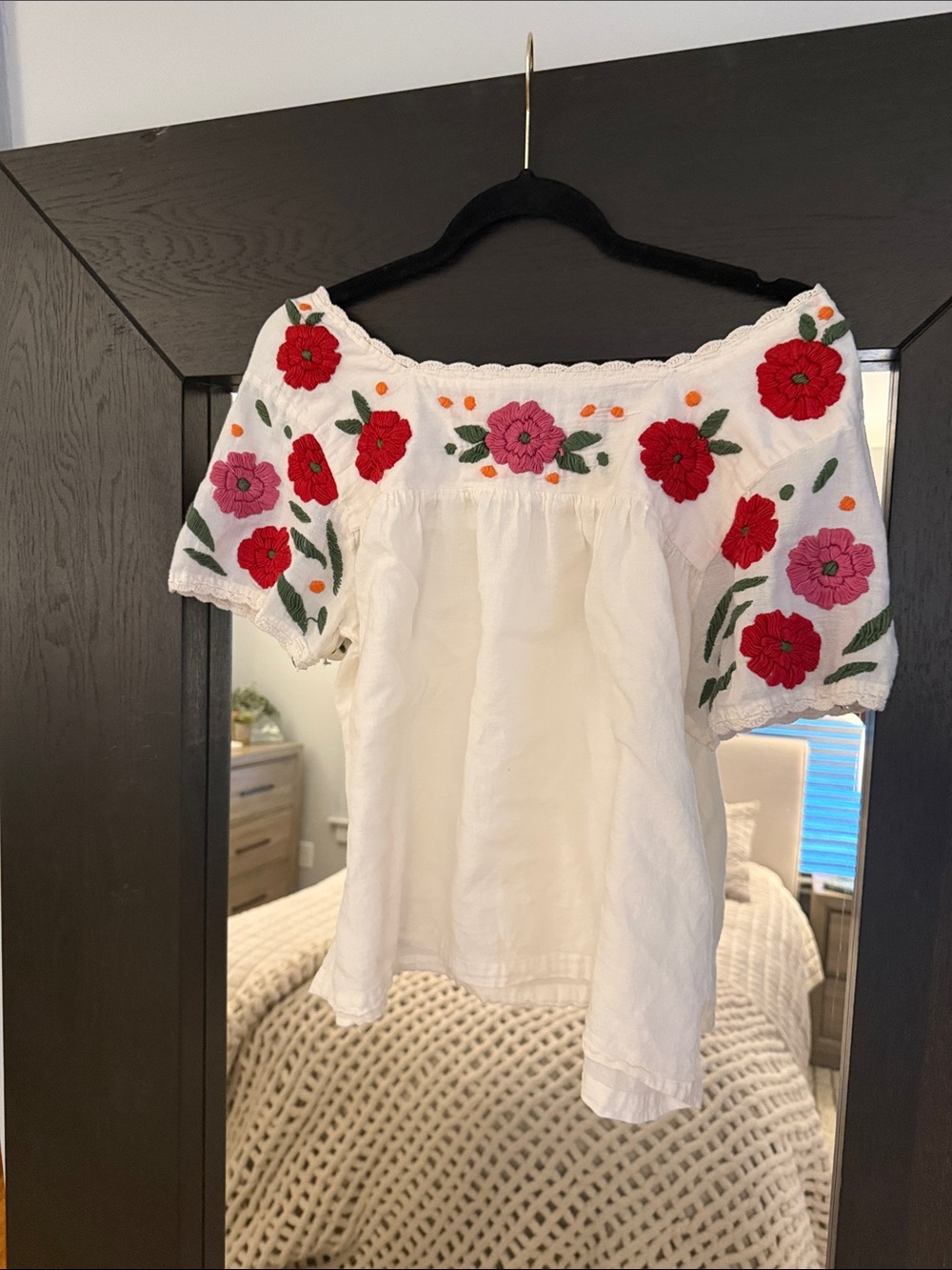 THML White Peasant Blouse with Red and Pink Floral Embroidery